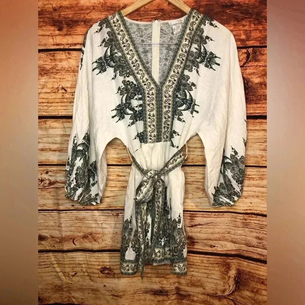 NWOT Venus White Multi Paisley Linen Blend Blouson Slv Romper - Picture 3 of 16